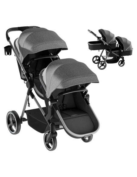 Carrito Doble MU Plegable Gemelos Asiento Reversible Gris