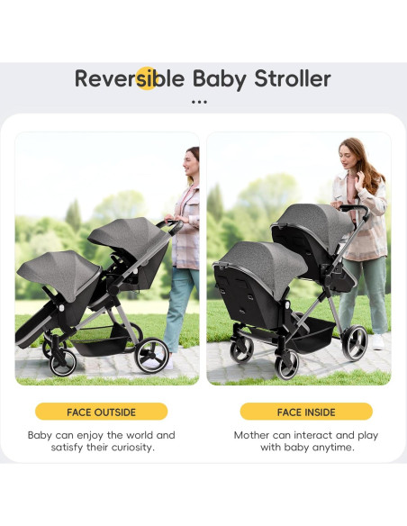 Carrito Doble MU Plegable Gemelos Asiento Reversible Gris