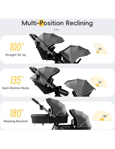 Carrito Doble MU Plegable Gemelos Asiento Reversible Gris