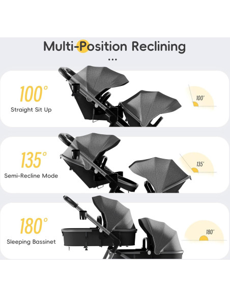 Carrito Doble MU Plegable Gemelos Asiento Reversible Gris