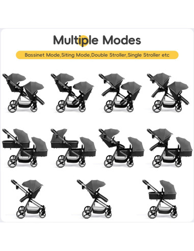 Carrito Doble MU Plegable Gemelos Asiento Reversible Gris