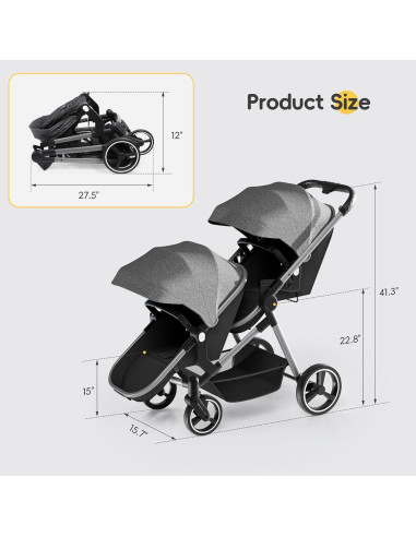 Carrito Doble MU Plegable Gemelos Asiento Reversible Gris