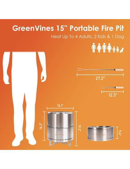 Hoguera Sin Humo GREENVINES 38 cm Acero Inoxidable Portátil