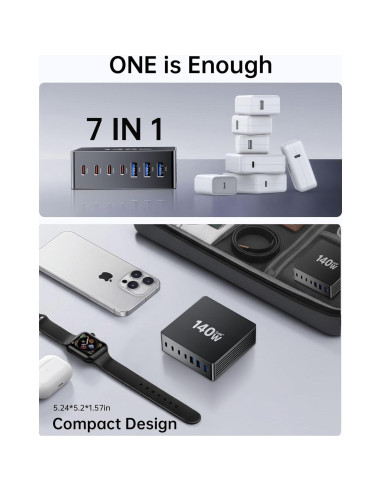 Estación de Carga USB C 140W GaN III 7 Puertos - Cargador Rápido