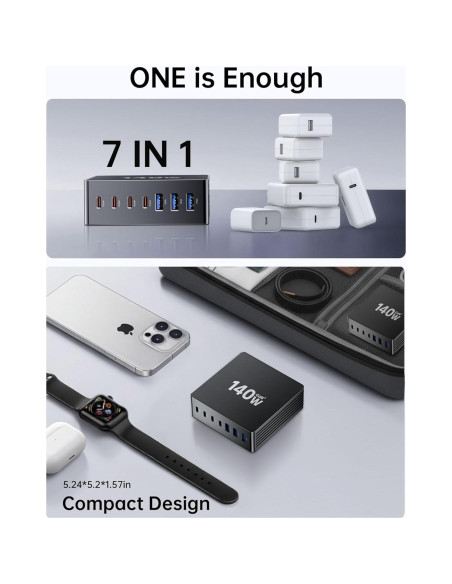 Estación de Carga USB C 140W GaN III 7 Puertos - Cargador Rápido