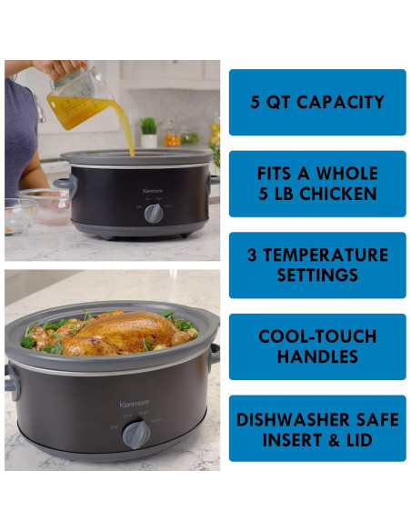 Olla de Cocción Lenta Kenmore 5 Cuartos Negra y Gris
