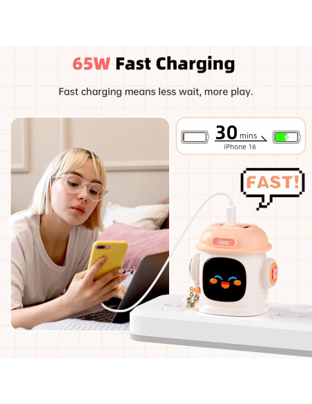 Cargador Divoom Dipow 65W USB-C Rápido 3 Puertos Rosa