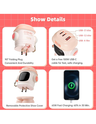Cargador Divoom Dipow 65W USB-C Rápido 3 Puertos Rosa