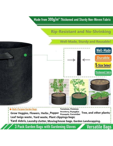 Paquete de 3 Bolsas de Cultivo Tespher 40 Galones 70x40 cm