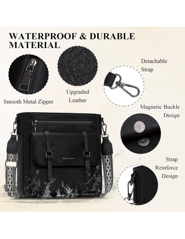 Bolso Cruzado Rainsmore de Cuero Impermeable para Mujeres - Negro