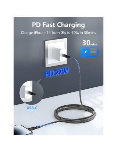 Cargador Rápido USB C a Lightning UYOUNG 1 Pie Negro 2 Pack