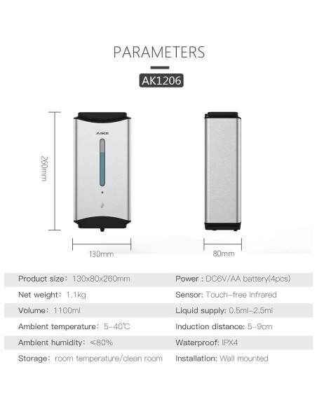 Dispensador Automático de Jabón AIKE 1100ml Acero Inoxidable Dispensador Automático de Jabón AIKE 1100ml Acero Inoxidable
