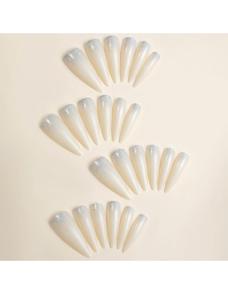 Uñas Postizas Stiletto GCSQW 24 Pcs Brillo Blanco Lechoso