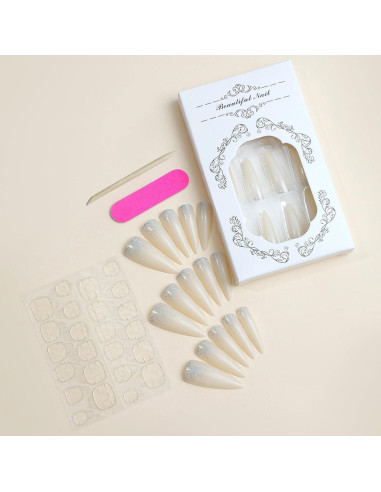 Uñas Postizas Stiletto GCSQW 24 Pcs Brillo Blanco Lechoso