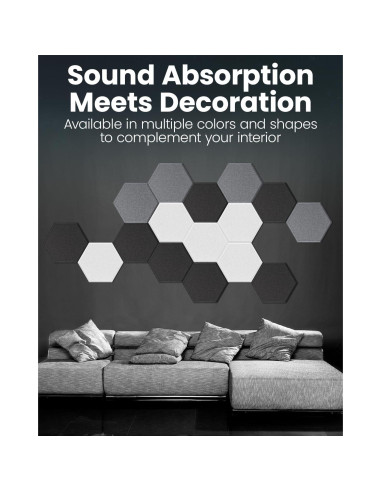 Paquete de 12 Paneles Acústicos JISUO Hexagonales 35 cm Negro