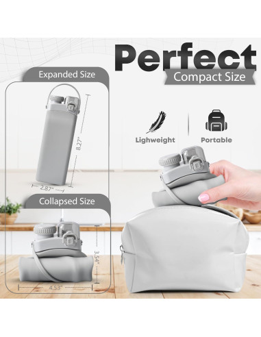 Botella de Agua Plegable 0.57L Silicona BPA Free Gris Claro