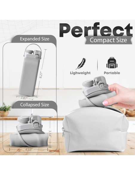 Botella de Agua Plegable 0.57L Silicona BPA Free Gris Claro