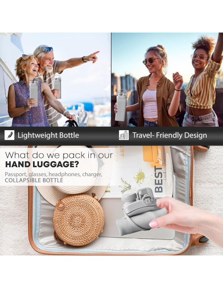 Botella de Agua Plegable 0.57L Silicona BPA Free Gris Claro