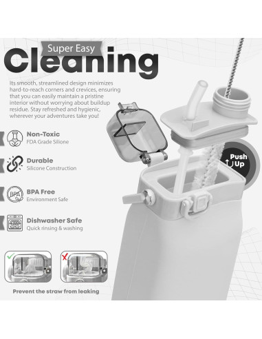 Botella de Agua Plegable 0.57L Silicona BPA Free Gris Claro