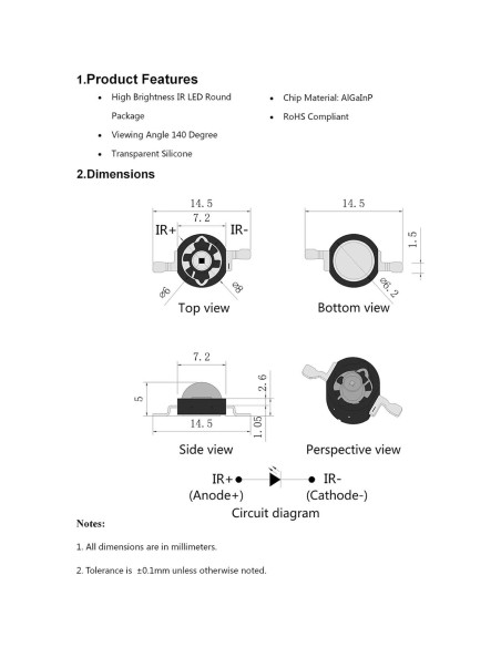 10 Pcs LED Infrarrojo 740nm 3W Chip Alta Potencia LEDGUHON