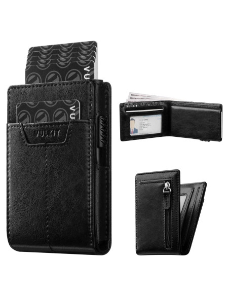 Billetera Minimalista VULKIT Negra de Cuero y Aluminio RFID