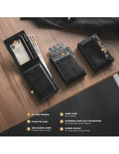 Billetera Minimalista VULKIT Negra de Cuero y Aluminio RFID