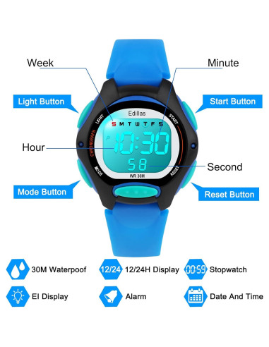 Reloj Digital Impermeable para Niños Yadelai Edi8207B Azul