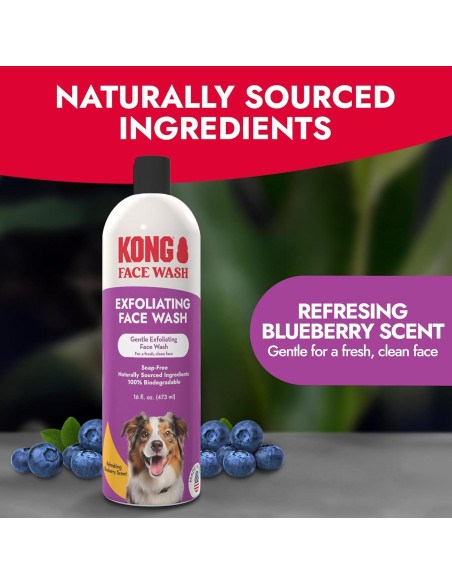 Limpiador Exfoliante Facial para Perros KONG 473 ml - Hipoalergénico, Biodegradable, Aroma a Arándano