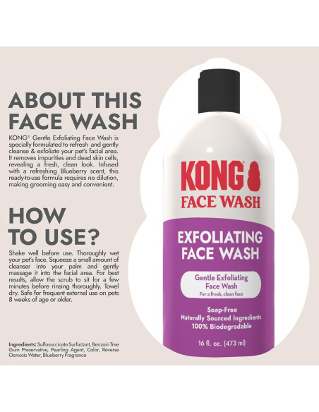 Limpiador Exfoliante Facial para Perros KONG 473 ml - Hipoalergénico, Biodegradable, Aroma a Arándano