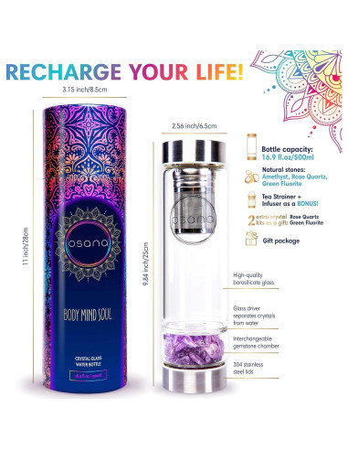 Botella Infusora de Cristal OSANA 500ml con 3 Cristales Sanadores