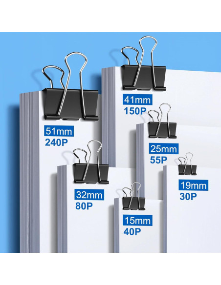 150 Clips de Carpeta Variados DJGINRO - 6 Tamaños, Negro