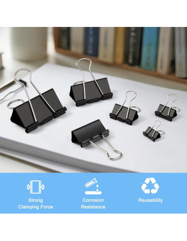 150 Clips de Carpeta Variados DJGINRO - 6 Tamaños, Negro