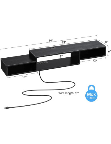 Estante Flotante para TV FABATO 150 cm Negro 3 Compartimentos