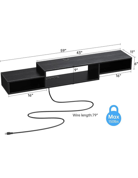Estante Flotante para TV FABATO 150 cm Negro 3 Compartimentos