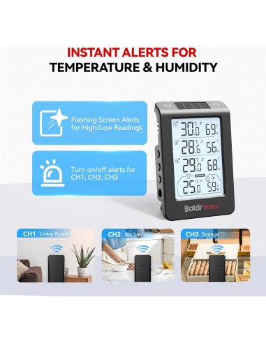 Termo-Higrómetro Solar BaldrTherm 3 Canales Negro 13x7.2cm