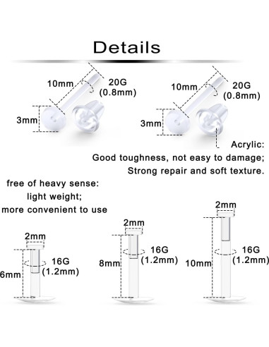 Pines de Aretes Transparentes Ftovosyo - 12 Piezas, 20G y 16G
