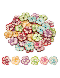 50 Botones de Madera Vin Beauty 2 Agujeros Flor Multicolor