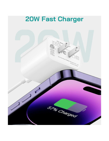 Cargador Rápido USB-C 20W Juusmart + 2 Cables 6FT para iPhone