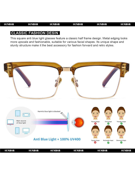 Gafas de Luz Azul SUNBSR para Mujeres y Hombres - Media Montura