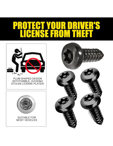 Kit de Tornillos de Montaje Antirrobo para Placas de Matrícula 4 PCS - Acero Inoxidable Negro