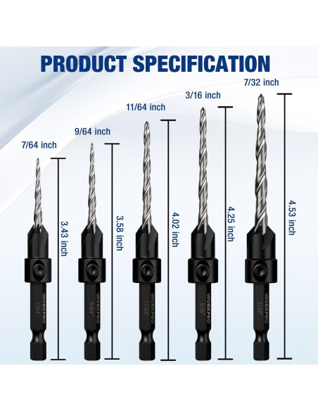 Juego de Brocas Avellanadas WORKPRO 5 Piezas Acero M2