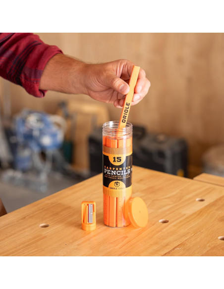 Kit de Lápices de Carpintero Oriole Tools - 15 Lápices Planos, Sacapuntas y Contenedor