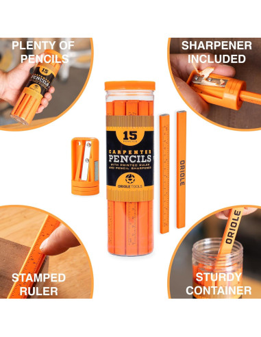 Kit de Lápices de Carpintero Oriole Tools - 15 Lápices Planos, Sacapuntas y Contenedor