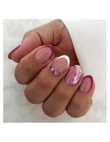 Uñas Postizas Cortas Almendra Moradas con Punta Francesa 24 Pcs