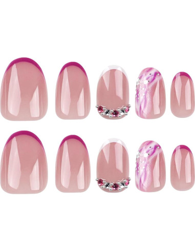 Uñas Postizas Cortas Almendra Moradas con Punta Francesa 24 Pcs