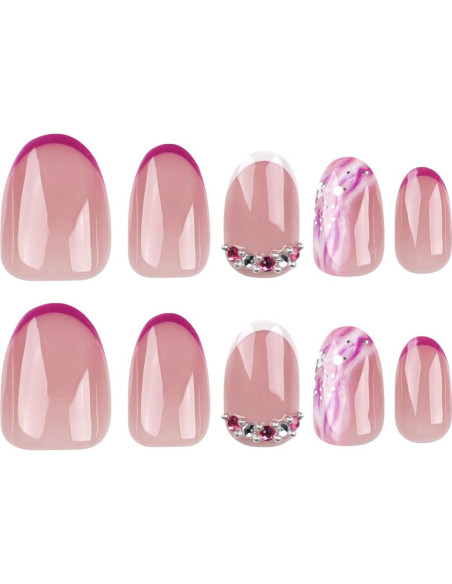 Uñas Postizas Cortas Almendra Moradas con Punta Francesa 24 Pcs