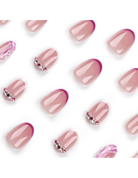 Uñas Postizas Cortas Almendra Moradas con Punta Francesa 24 Pcs