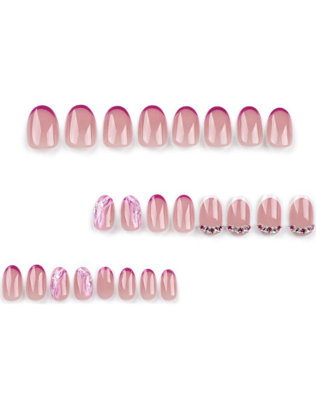 Uñas Postizas Cortas Almendra Moradas con Punta Francesa 24 Pcs
