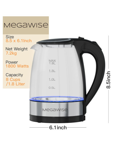 Hervidor Eléctrico MegaWise CX-817 de Vidrio 1.8L con Luz LED