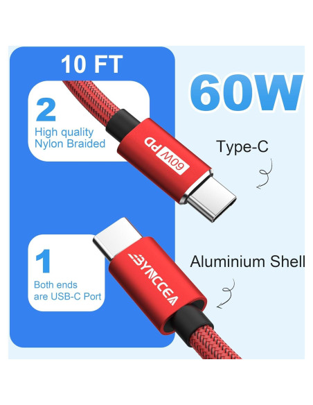 Cable USB C a USB C Bynccea 3m Paquete de 4 Carga Rápida 60W